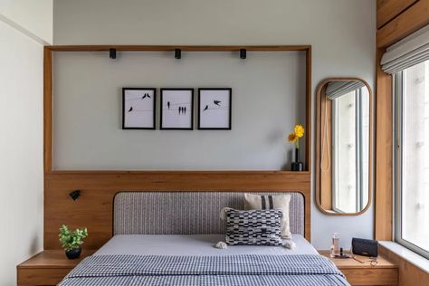 This 4BHK Takes Inspiration From The Iki In Japanese Aesthetics | Spaxis Design Bed On Window Wall, Bed Reference, Bedroom Layout Design, Fluted Panel, Minimalist Bedroom Ideas, Bedroom Design Styles, Residence Design, Parents Bedroom, Indian Bedroom Decor