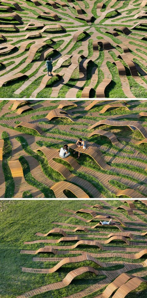 Yong Ju Lee Architecture have designed the Root Bench, a circle-shaped piece of public furniture that has a diameter of 30m, is installed in grass, and has the shape that's inspired by a root spreading throughout the park. #PublicFurniture #Art #Sculpture #Design Zaha Hadid, Yongin, Land Art, Public Furniture, Sculpture Design, Landscape Architecture Design, Parking Design, Landscaping Tips, Landscape Projects