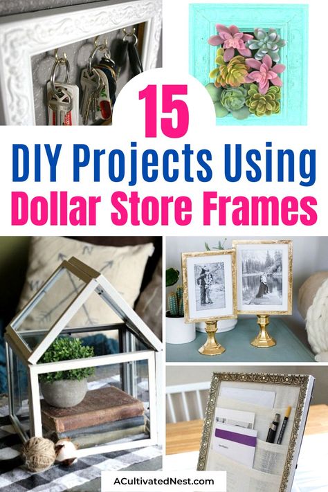 15 DIY Home Décor Projects with Dollar Store Frames- If you want to update your home's décor easily on a budget, then you'll love these DIY décor projects that use dollar store frames! | dollar store décor ideas, #DIY #diyProjects #dollarStoreDIY #dollarStoreCrafts #ACultivatedNest Dollar Store Picture Frame Ideas, Dollar Tree Frame Crafts, Diy Dollar Tree Picture Frame Crafts, Dollar Tree Picture Frames Ideas, Dollar Tree Picture Frame Crafts, Dollar Store Party Decorations, Diy Frame Ideas, Picture Frame Projects, Picture Gifts Diy