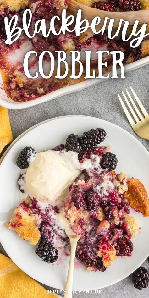 Top down view of blackberry cobbler and ice cream on a plate. Blackberry Dessert Recipes, Easy Blackberry Cobbler, Berry Cobbler Recipes, Blackberry Dessert, Blackberry Cobbler Recipe, Cobbler Recipes Easy, Blackberry Recipes, Berry Cobbler, Blackberry Cobbler