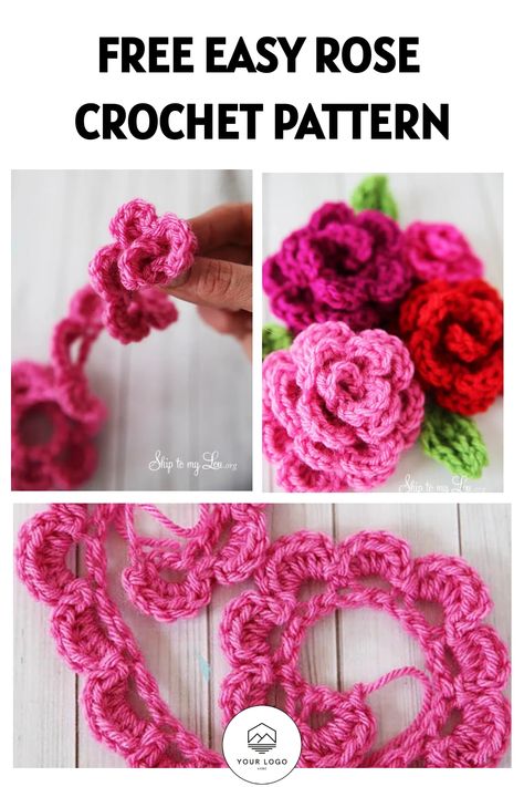 Free Crochet Rose Pattern Flower, Crochet Mini Roses Free Pattern, Crochet Flower With Stem Free Pattern, Crochet Red Flowers Free Pattern, Free Crochet Patterns Flowers Easy, 3d Flowers Crochet, Crochet Rose Written Pattern Free, Crochet Rose Diagram, Rose Stitch Crochet