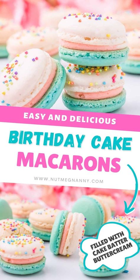 These birthday cake macarons are the perfect addition to any birthday celebration! Deliciously light and flavorful, filled with birthday cake buttercream, and topped with colorful sprinkles. Birthday Cake French Macarons, Cake Batter Macarons Recipe, Birthday Macarons Cake, Dessert Recipes Macaroons, Pink And Blue Macaroons, Cake Batter Macarons, Tart Cake Recipes, Easy Fun Desserts For Kids, Macaron Filling Recipe Easy