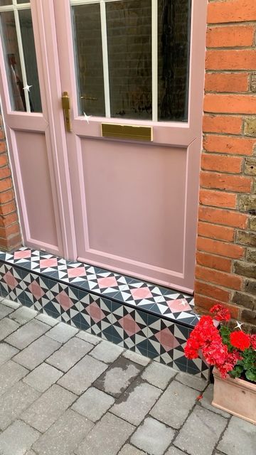 Painted Concrete Front Steps, Cinder Rose Front Door, Tiled Doorstep, Tiled Front Door Step, Painted Front Steps, Tiled Door, Doorstep Tiles, Church Entryway, Midcentury Cottage