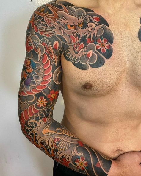 60+ Amazing Japanese Sleeve Tattoos For 2024 Wave Tattoo Sleeve, Japanese Forearm Tattoo, Traditional Japanese Tattoo Sleeve, Japanese Wave Tattoos, Japanese Tattoos For Men, Tattoo Japanese Style, Dragon Tattoos For Men, Dragon Sleeve, Dragon Sleeve Tattoos