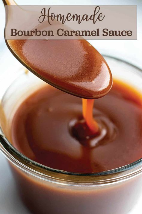 This bourbon caramel sauce has the classic creamy caramel taste with a punch of bourbon flavor. It's perfect for all bourbon lovers to add a hint to your favorite desserts. Use the sauce on top of cheesecakes, cookies or your favorite coffee drink. Bourbon Cheesecake, Caramel Bourbon, Bourbon Caramel Sauce, Bourbon Caramel, Bourbon Caramels, Bourbon Sauce, Alcoholic Desserts, Caramel Recipes Sauce, Homemade Caramel Sauce