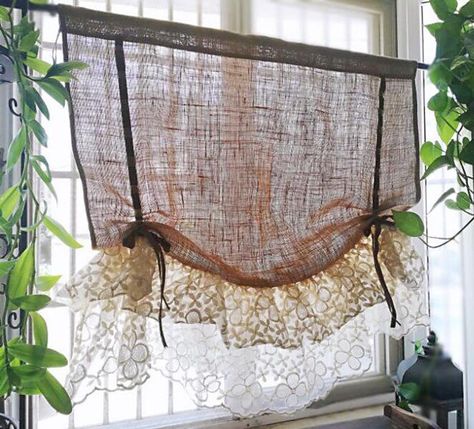 Romantic Curtains, Burlap Valance, Tie Up Curtains, Ruffle Curtains, Farmhouse Window, Burlap Curtains, Curtain Length, Farmhouse Windows, Net Curtains