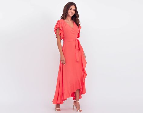 "Coral red romantic wrap around dress made of light natural fabric, maxi dress, long dress, wedding guest dress, formal short sleeve dress, evening dress, elegant dress, maxi dress You can find the pictures of ALL OTHER COLORS in our catalog on ETSY here: https://www.etsy.com/shop/ENMEstyle?ref=seller-platform-mcnav&section_id=35694760     ADJUSTMENTS  We can make any length adjustments special for you and for free! Dress style - Wrap dress Material - 100% viscose Coral Dress Outfit Wedding Guest, Coral Dress Outfit Wedding, Coral Dress Outfit, Long Dress Wedding Guest, Dress Formal Short, Wedding Guest Dress Formal, Long Dress Wedding, Coral Dresses, Wrap Dress Bridesmaid