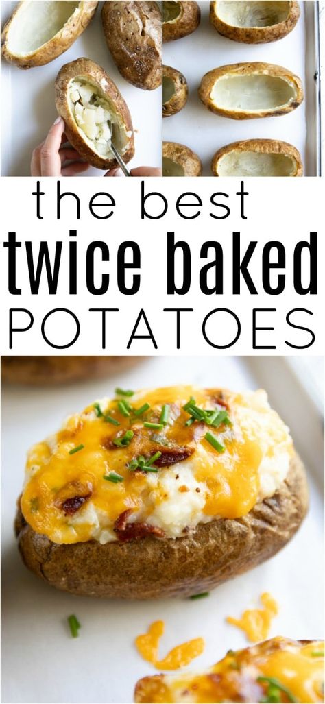 The BEST Twice Baked Potatoes Recipe - cheesy, creamy, and loaded with fluffy mashed potatoes, gooey cheddar cheese, crumbly bacon, and fresh chives. Learn how to make these Easy Twice Baked Potatoes and enjoy as an easy side dish, appetizer, or satisfying meal. Baked Potato Twice, Twice Baked Baked Potatoes, The Best Twice Baked Potatoes, Twice Baked Potatoes Make Ahead, How To Make Twice Baked Potatoes, Best Twice Baked Potatoes Recipe, Loaded Baked Potatoes In The Oven, Twice Baked Potatoes In The Oven, Make Ahead Twice Baked Potatoes