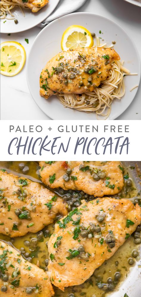 This healthy take on classic chicken piccata is just delicious! Crispy dredged chicken with a buttery, lemony sauce dotted with briny capers, this easy Italian dinner is paleo and perfect over gluten-free pasta, zoodles or shirataki noodles, or mashed potatoes or cauliflower. Whole30, too! #paleo #glutenfree #chicken #italian #whole30 Easy Italian Dinner, Piccata Recipe, Chicken Piccata Recipe, Gluten Free Italian, Shirataki Noodles, Dinner Chicken, Chicken Piccata, Gluten Free Recipes For Dinner, Italian Dinner