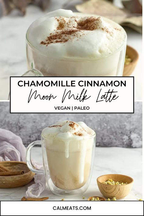 This chamomile cinnamon moon milk latte is a calming and warming drink that's excellent for soothing a stressed nervous system and restoring some balance in your day. #chamomiledrinks #chamomilelatte #chamomilemoonmilk #relaxingdrinks #moonmilkrecipes #nocaffeinelattes Nutmeg Milk Sleep, Chamomile Moon Milk, Healthy Milk Tea Recipe, Nighttime Drinks For Sleep, Moon Milk For Sleep, Cinnamon Drinks Recipes, Low Fodmap Coffee Creamer, Infused Milk Recipes, Healthy Evening Drinks