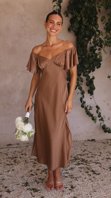 Louisa Midi Dress - Chocolate - Buy Women's Dresses - Billy J Satin Short, Butterfly Sleeve, Style Party, Midi Dress Party, Midi Short Sleeve Dress, Butterfly Sleeves, Aaliyah, Wedding Party Dresses, Waist Length