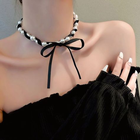 Faster shipping. Better service Beaded Ribbon Tutorial, Black Necklace Beads, Pearl And Ribbon Necklace, Necklace With Ribbon, Pearl Ribbon Necklace, Black Ribbon Necklace, Black Pearls Necklace, Skirt Jewelry, Beading Accessories