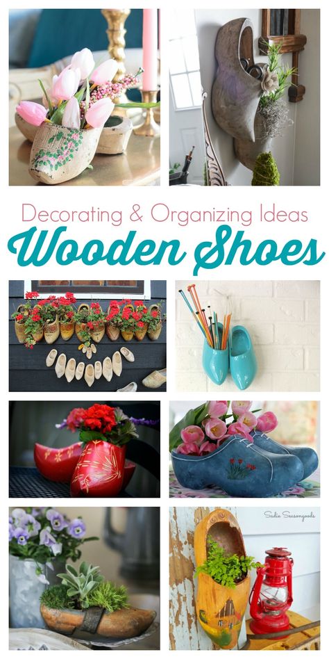 They might not feel very comfy on your feet, but there are lots of different ways you can use Dutch wooden shoes in your decorating. They make great planters, flower vases and organizers for all sorts of things, as you'll see in this roundup of repurposed klompen wood clogs. #netherlands #holland #woodenshoes #springdecorating #tulips Dutch Decor Netherlands, Dutch Wooden Shoes Decor, Wooden Shoes Dutch, Dutch Appetizers, Dutch Crafts, Wooden Clogs Dutch, Scandinavian Crafts, Dutch Christmas, Dutch Shoes