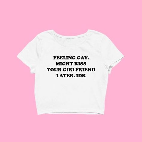 Express your pride with this cheeky "FEELING GAY" cropped tee. Perfect for pride parade outfits, gay pride ally shirts, or simply showing off your LGBTQ+ pride in style. Perfect for lesbian pride shirt ideas. Pride Shirts Funny, Custom T Shirts Ideas, Funny Lesbian Shirts, Lesbian Shirts Funny, Lesbian Pride Outfits, Pride Shirt Ideas, Bi Pride Outfit, Lesbian Clothes, Graphic Tees Design Prints