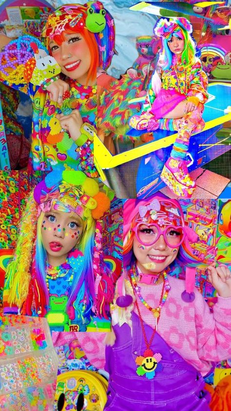 a collage featuring Cyber girl's images Rainbow Athstetic, Cybr Grl, Kei Outfits, Decora Outfits, Decora Fashion, Harajuku Decora, Slay All Day, Funky Outfits, Alt Fashion