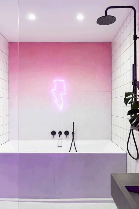 The VOV Apartment Is for a Family Who Loves Fashion, Music, and Art - Design Milk Violet Bathroom, Full Wall Mirror, Concrete Block Walls, Purple Chair, Concrete Ceiling, Console Sink, Metal Stairs, Black Shelves, Banner Gif