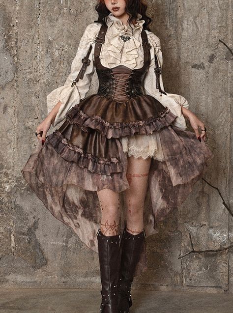 Buy Exile Journey Series Steampunk Asymmetrical PU Maillard Brown Lace Mesh Large Hem Bust Strap Sleeveless Dress JSK on Lolitain.com. Choose your perfect classic lolita dress, gothic lolita dress, and more. Regular discounts up to 50% off. Japanese Punk, Brown Corset, Office Dresses For Women, Medieval Dress, Punk Outfits, Hem Skirt, Layered Skirt, Lolita Dress, Overall Dress