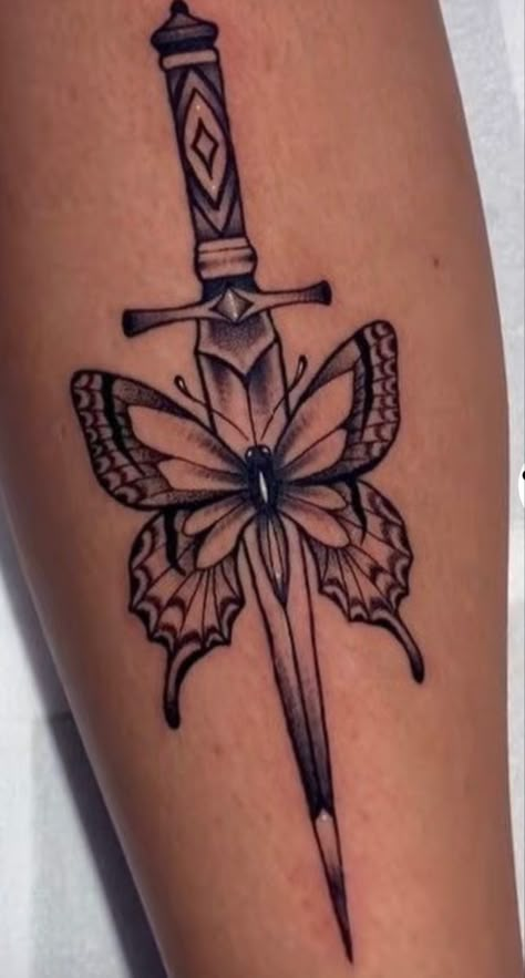 Aesthetic Style Tattoo, Card Size Tattoos Ideas, Cool Calf Tattoo For Women, Tattoos Under $100, Butterfly And Swords Tattoo Meaning, Butterfly And Swords Tattoo, Butterfly With Knife Tattoo, Dagger Butterfly Tattoo, Back Calf Tattoos For Women