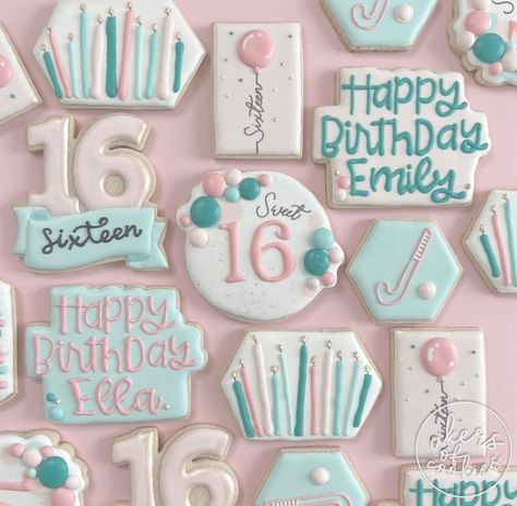 Happy Birthday Cookie, Sweet Sixteen Birthday Party Ideas, Tiny Cakes, Crazy Cookies, Sugar Cookie Royal Icing, Cookie Business, Happy 16th Birthday, Sweet Sixteen Birthday, 16th Birthday Party