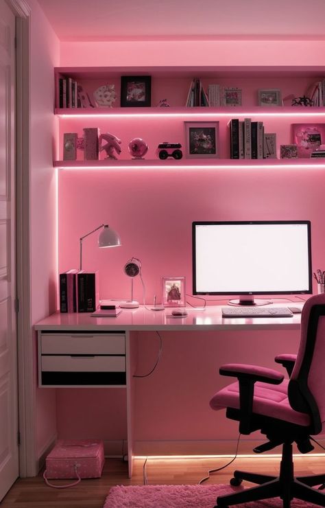 Desk Setup Led Light, Led Lights For Desk, Simple Pink Desk Setup, Floating Shelves Gaming Setup, Neon Office Aesthetic, Pink Lights Bedroom, Led Study Room, Pink Wfh Setup, Room Ideas With Gaming Setup