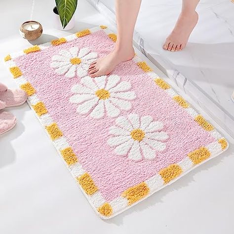 Pink Bathroom Rugs, Boho Bathroom Rug, Rugs Cute, Funky Aesthetic, Flower Bath Mat, Pink Bath Mat, Dripping Water, Cute Bath Mats, Flower Bath