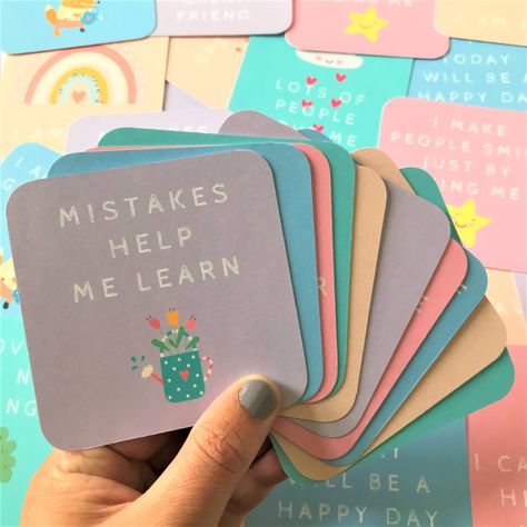 Simple but powerful message to nurture positive self-talk and boost self-esteem in children. Cards Of Encouragement, Kids Affirmations, Card Design Handmade, Graphic Design Cards, Positive Affirmation Cards, School Labels, 카드 디자인, Positive Self Talk, Irish Gifts