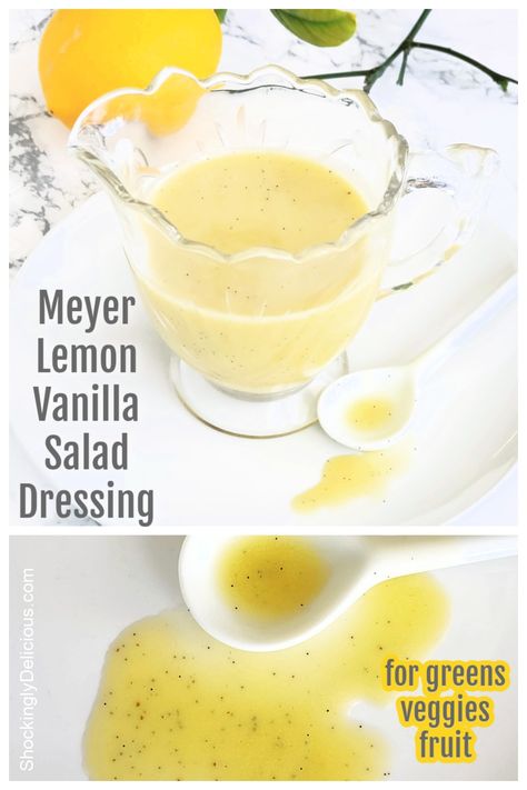 Meyer Lemon Vanilla Salad Dressing: A hint of sweetness, a perfume of vanilla and the tang of Meyer lemon create a flavorful and versatile dressing for salads, grilled vegetables or even fruit. #shockinglydelicious #lemonsaladdressing #saladdressing #Meyerlemonrecipe Awesome Salads, Lemon Salad Dressings, Citrus Party, Summertime Food, Meyer Lemon Recipes, Spice Rubs, Lemon Salad, Fantastic Recipes, Summer Sides