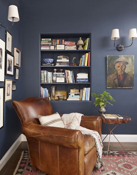 Hague Blue walls || reading nook with leather chair || gallery wall || bookcase built into wall Modern Paint Colors, Warm Paint Colors, California Bungalow, Cozy Reading Corners, Living Room Corner, Inviting Home, Spare Room, Club Chair, California Homes