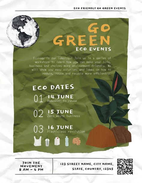 Eco event flyer editable template, go green text vector | premium image by rawpixel.com / Sasi Green Event Design, Eco Friendly Poster Design, Sustainability Event Poster, Event Promotion Poster, Sustainable Poster Design, Save The Date Corporate, Eco Poster Design, Poster Sustainability, Eco Graphic Design