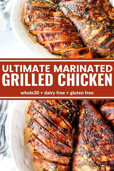 This Ultimate Marinated Grilled Chicken is the absolute best grilled chicken and made with only good for you ingredients. You're going to love how flavorful it is thanks to an easy marinade! It's sugar free, dairy free, gluten free, and Whole30 compliant! Best Grilled Chicken, Marinated Chicken Recipes, Grilled Chicken Marinade, Chicken Marinade Recipes, Dairy Free Gluten Free, Chicken Marinade, Marinade Recipes, Grilled Chicken Recipes, Chicken Marinades