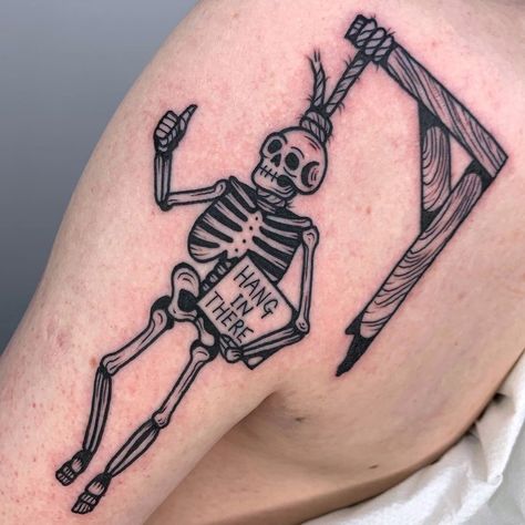 Hang In There Tattoo, Traditional Skeleton Tattoo, Traditional Tattoo Stencils, Traditional Tattoo Drawings, Skeleton Tattoo, Traditional Style Tattoo, Tattoo Background, Quote Tattoo, Skeleton Tattoos