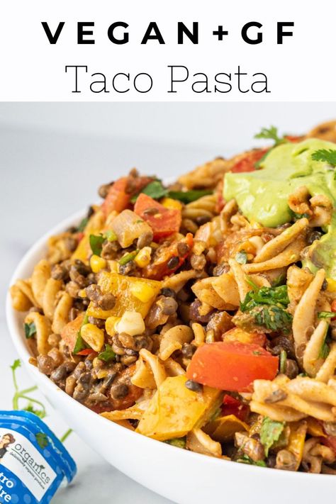 This taco pasta is a combination of pasta and Mexican food! It’s delicious, family friendly, budget friendly, easy and vegan. Make it gluten-free with gluten-free pasta. Meal prep this dish to save time. #pasta #tacopasta #veganpasta #easypasta #plantbaseddiet Vegan Taco Pasta Salad, Vegan Taco Pasta, Pasta Meal Prep, Healthy Vegan Pasta, Vegetable Tacos, Vegan Taco Salad, Taco Pasta Salad, Gluten Free Tacos, Vegan Taco