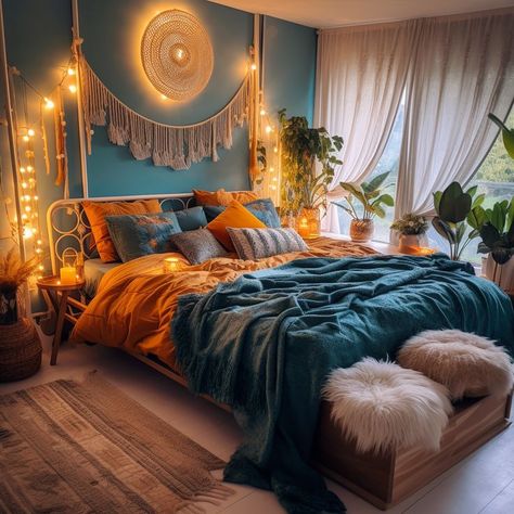 Dark Teal And Orange Bedroom, Japandi Boho, Teal Bedroom, Sage Green Bedroom, Boho Style Decor, Bedroom Orange, Bedroom Decor Inspiration, Bedroom Decor Design, Room Makeover Bedroom