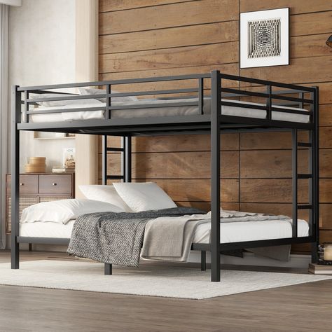 Buy Queen over Queen Metal Bunk Bed for Teens and Adults, Bunk Bed Frame with 2 Side Ladder & Full-length Guardrail, Space-Saving, No Box Spring Needed, Black at Walmart.com Queen Bunk Bed, Queen Size Bunk Beds, Adult Bunk Beds, Safety Ladder, Bunk Bed Frame, Queen Size Mattress, Queen Bunk Beds, Plastic Stoppers, Metal Bunk Bed