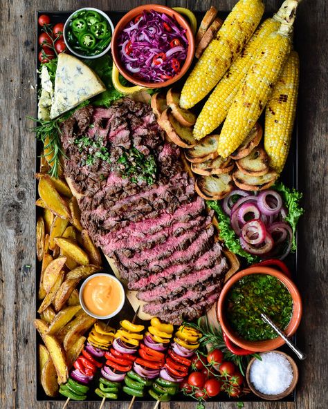 Grilled Flank Steak with Chimichurri Grilled Flank Steak With Chimichurri, Flank Steak With Chimichurri, Marinated Onions, Flank Steak Chimichurri, Steak With Chimichurri, Roasted Potato Wedges, Stilton Cheese, Roasted Potato, Charcuterie Inspiration