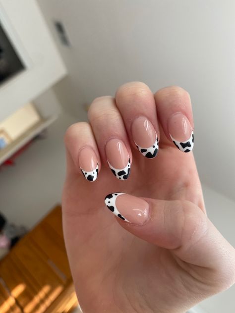 Nails For Western, Cow Print French Tips Almond, Cute Cowgirl Nails Short, Short Acrylic Nails Almond Cow Print, Nail Cow Designs, Cow Print Nail Designs Acrylic, Simple Nail Designs Cow Print, Simple Cow Nail Designs, French Nails Cow Print