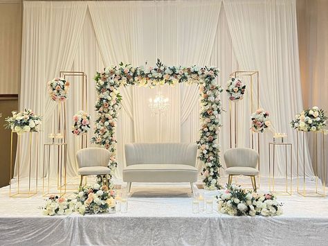 A classy & elegant affair! ✨ We had so much fun bringing this custom design to life! *LIMITED TIME early booking discount for 2023… | Instagram Classy Stage Decoration, Wedding Stage Decorations Minimalist, Engagement Event Decoration, Wedding Stage Decorations Elegant Classy, Nikkah Backdrop, Wedding Decorations Indoor Elegant, Shaadi Stage, Wedding Backdrop Design Indoor, Entrance Wedding Decor