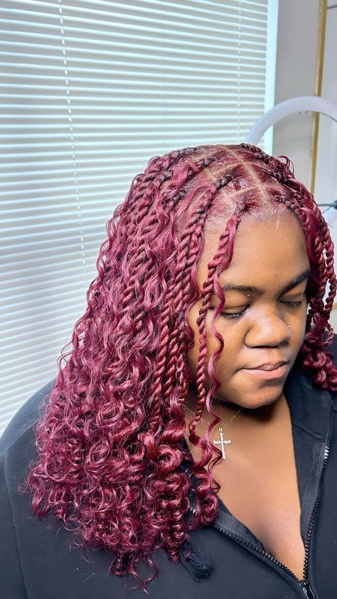 Island Twist Burgundy, Boho Bob Twist, Red Hairstyles For Black Women Braids, Bob Island Twist, Short Red Passion Twist, Short Rope Twist, Red Twists Black Women, Island Twist Boho Bob, Burgundy Braids Black Women