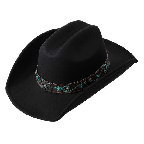 PRICES MAY VARY. Authentic American Western-style black cowboy hat with beautiful embroidery and iron badge decoration on the hat band, making it a accessory for any Western-inspired outfit. Equipped with an adjustable hat circumference size, this black cowgirl hat is suitable for both men and women and can provide excellent protection against the sun while allowing for ample ventilation. Lightweight and comfortable, this black cowboy hat can be worn to both formal and informal cowboy-themed par Western Cowboy Hats For Women, Types Of Cowboy Hats, Black Cowgirl Hats, Country Style Black Hat Bands For Rodeo, Cow Boy Hats, Cute Black Cowgirl Hats, Cheap Black Western Hat, Cowgirl Hat Black, Black Cowgirl Hat