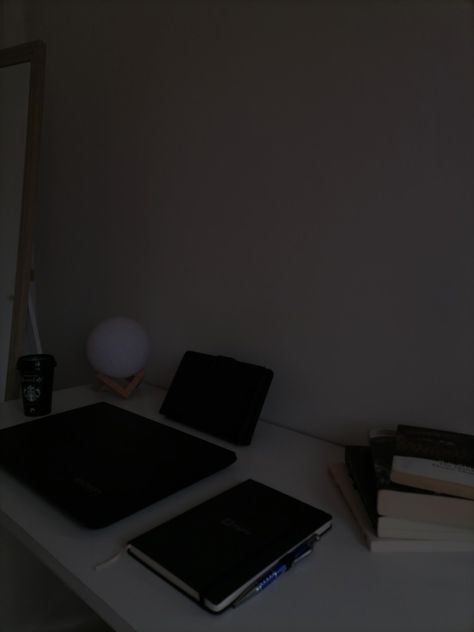 A dark minimalistic picture of my room at nighttime. Laptop, books, tablet, Starbucks cup, moon, notebook on the white table. Dark Minimalism Aesthetic, Dark Mimalist Aesthetic, Dark Blue Minimalist Aesthetic, Dark Gray Bedding Minimalist, Korean Minimalist Room Dark, Dark Feeds, Insta Story, Dark Fashion, Minimal Fashion