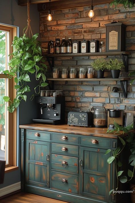 Home Coffee Bar Station Ideas - Create Your Perfect Brew Corner - Puqqu Victorian Coffee Bar, Eclectic Coffee Bar, Modern Coffee Bar Design, Coffee And Alcohol Bar, Coffee Bar Green, Vintage Coffee Bar Ideas, At Home Coffee Bar, Kaffe Station, Coffee Area