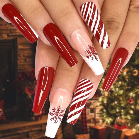 Kikmoya Red Press on Nails Christmas Coffin Fake Nails Long with Snowflakes Design Stick on Nails for Women 24pcs Pink Ballerina Burgundy Glossy Acrylic Artificial False Nails (Red White Stripes) Fake Nails Long, New Years Eve Nails, Red Christmas Nails, Coffin Press On Nails, Christmas Nail Art Designs, Christmas Nails Acrylic, Nails Polish, Winter Nail Art, Festival Nails