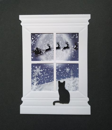 6 large and embossed Christmas windows with Cats.  Each window comes complete with the outside scene, as pictured, already attached to the window.   The cat will be separate for you to place on the window in your preferred position.  Each window measures 8cm (w) x 11.5cm (h).  The die cuts are handmade by myself using top quality cardstock.  The die cuts will be packed in a cellophane bag and posted in a board backed envelope.  Please do ask if you have any questions. Embossed Christmas Cards, Cat Cards Handmade, Die Cut Christmas Cards, Die Cut Card, Simple Christmas Cards, Santa's Sleigh, Wedding Cards Handmade, Window Cards, Homemade Christmas Cards