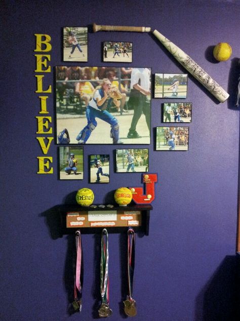 So going to do this in my livingroom for my baseball player's! <3 Bedroom Ideas Boys, Softball Room Decor, Softball Bedroom, Softball Room, Softball Picture, Softball Decorations, Softball Ideas, Softball Party, Softball Crafts