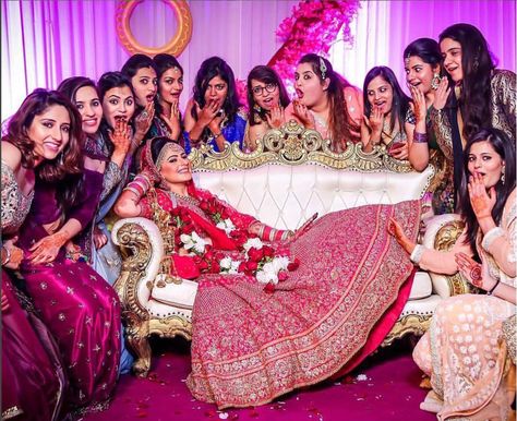 Squad photos you must have from your indian wedding. | Indian wedding photos bride with her best friends | bride in a red and gold lehenga on a safa | happy Indian bride | cute poses for your Indian wedding Haute Couture, Selfie Corner, Ravish Kumar, विवाह की फोटोग्राफी की मुद्राएं, भारतीय दुल्हन संबंधी, विवाह की दुल्हन, Bridesmaids Photography, शादी की तस्वीरें, Bridesmaid Poses