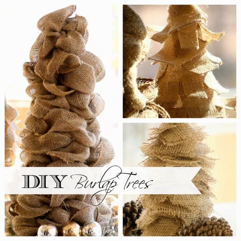 3 Easy DIY Burlap Trees that anyone can make - Duke Manor Farm Burlap Christmas Decorations, Burlap Crafts Diy, Easy Burlap Wreath, Burlap Tree, Easiest Burlap, Burlap Trees, Charlie Brown Tree, Burlap Garland, Burlap Christmas Tree