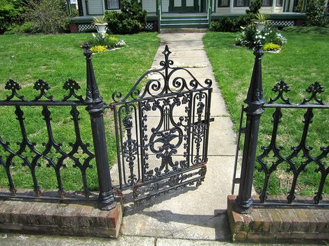 Wrought-iron gate and fence, Centreville, Maryland | Flickr Black Wrought Iron Fence Front Yard, New Orleans Wrought Iron Fence, Low Wrought Iron Fence Front Yard, Victorian Wrought Iron Fence, Decorative Iron Fence, Wrought Iron Fence Ideas, Wrought Iron Fences And Gates, Black Wrought Iron Fence, Iron Garden Fence