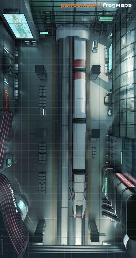 Monorail subway station RPG battle map Cyberpunk Battlemap, Cyberpunk Map, Monorail Station, Cyberpunk Red, D20 Modern, Station Map, Sci Fi Rpg, Cyberpunk 2020, Traveller Rpg