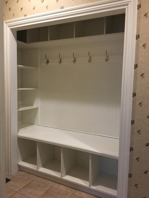 Entry Closet Makeover, Closet Conversion, Front Hall Closet, Mudroom Remodel, Stairs Renovation, Front Closet, Closet Redo, Mudroom Closet, Bedroom Decoration Ideas