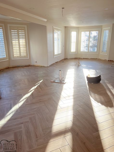 KITCHEN REMODEL: WEEK 9 HERRINGBONE FLOORS - Butter with a Side of Bread Wood Tile Floor Herringbone, Herringbone Floor Open Plan, Herringbone Lvp Kitchen, Chevron Vs Herringbone Floors, Herringbone Wood Floor In Kitchen, Tile Floors In Bedroom, Herringbone Floors Kitchen, French Stone Floor, Herringbone Engineered Wood Floor